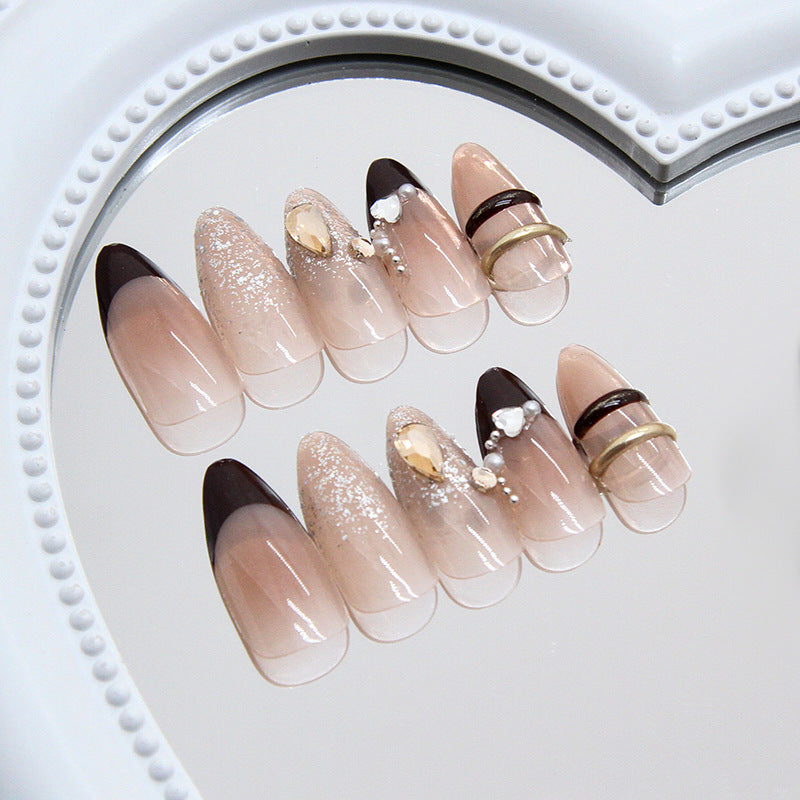Elegant Evening Glow Long Almond Shape Ombre Beige and Chocolate with Dazzling Jewel Accents Press on Nail Set