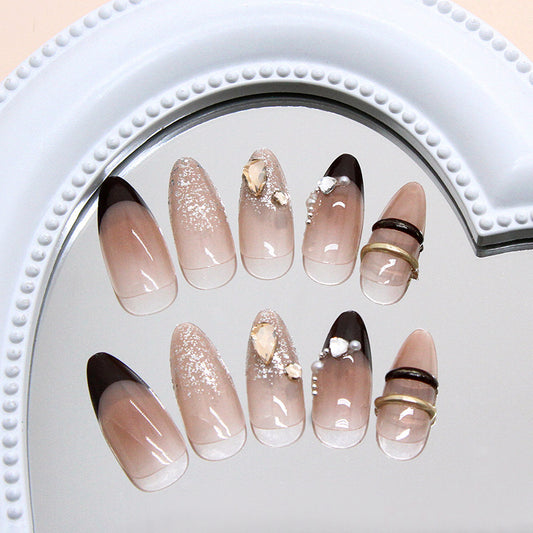 Glamorous Elegance Long Almond Beige with Chic Black Tips and Stunning Gem Accents Press on Nail Set