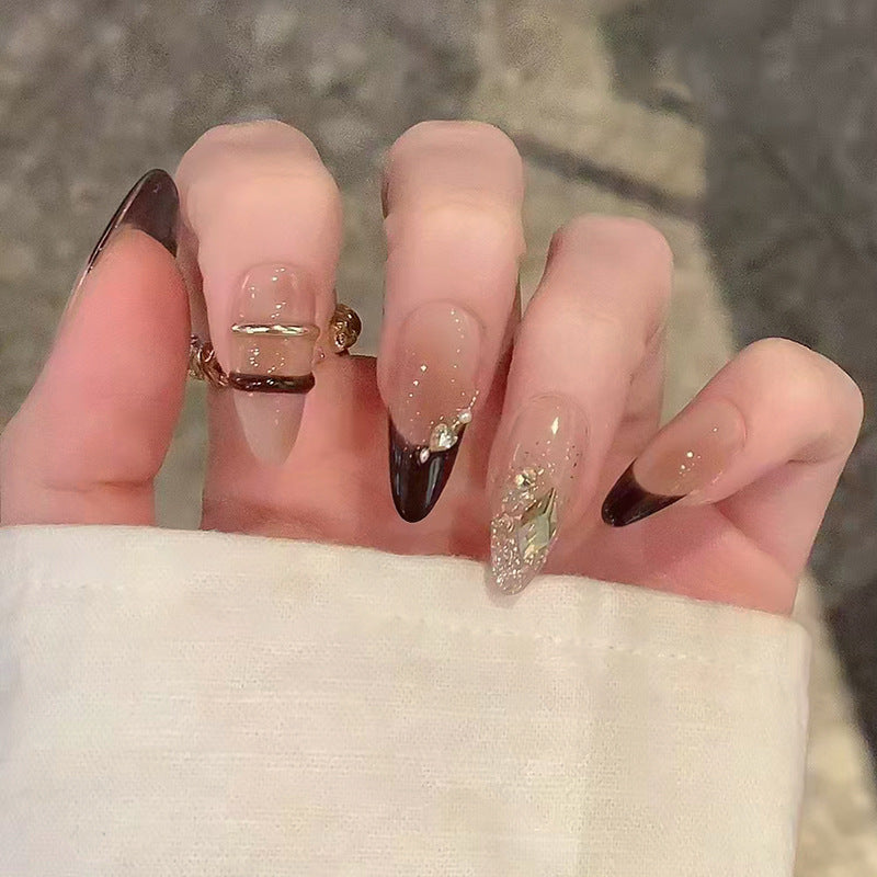 Elegant Enchantment Long Almond Beige with Black Tips and Stunning Glitter Accent Nail Set