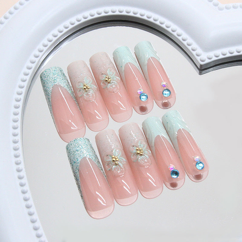 Whimsical Elegance Long Square Pink and Mint Press-On Nail Set with Glitter and Floral Accents
