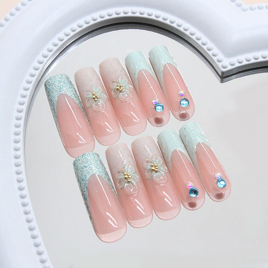 Whimsical Elegance Long Square Pink and Mint Press-On Nail Set with Glitter and Floral Accents
