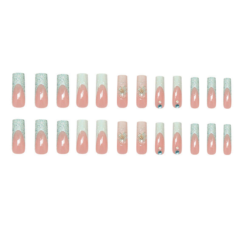 Blossoming Elegance Long Square Pink and Mint Glitter Press On Nail Set with Floral Accents