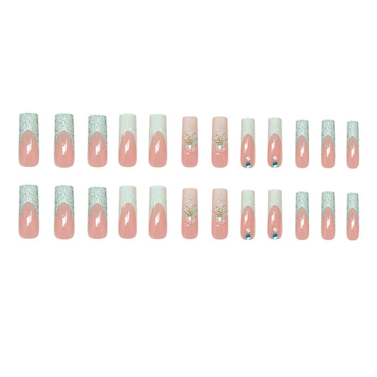 Blossoming Elegance Long Square Pink and Mint Glitter Press On Nail Set with Floral Accents