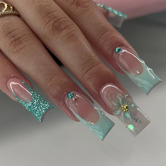 Mermaid Fantasy Long Square Mint Green Press on Nail Set with Glitter and Floral Accents