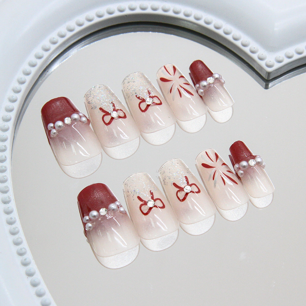 Charming Winter Wonderland Medium Coffin Red and White Gradient Press-On Nail Set with Elegant Pearl Accents