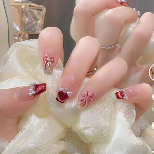 Festive Elegance Medium Coffin Burgundy with Glamorous Rhinestone Accents Press-On Nail Set