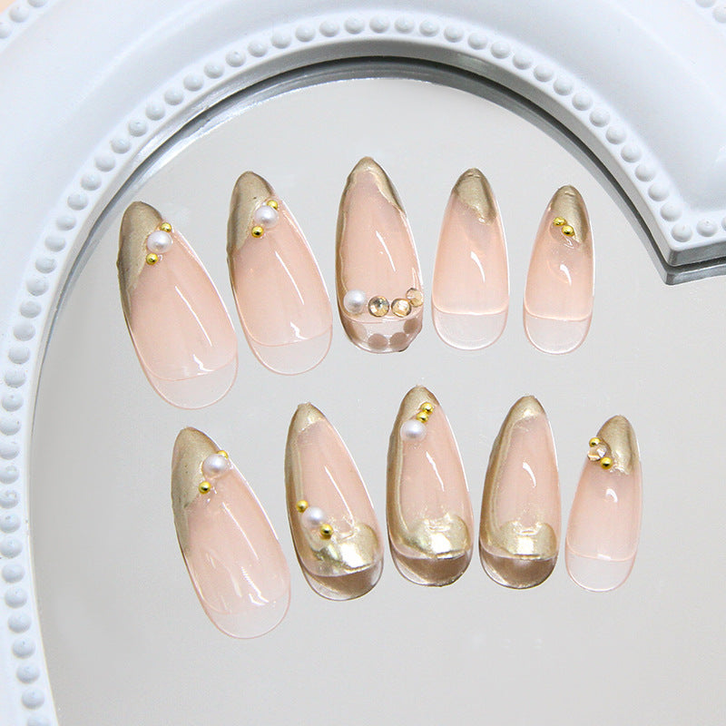 Elegant Gold Accents Medium Almond Shaped Pink Press On Nail Set with Charming Pearl Embellishments