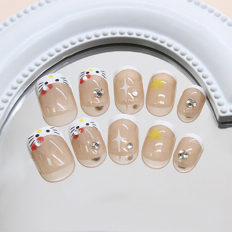 Whimsical Charm Short Square Press On Nail Set With Glittering Stars And Adorable Kitty Design