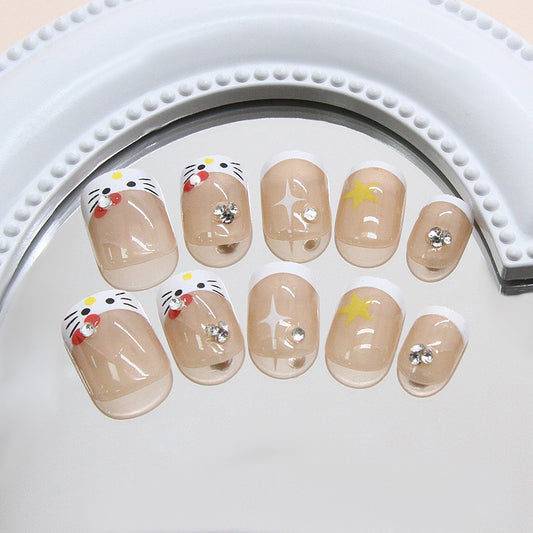 Whimsical Charm Short Square Press On Nail Set With Glittering Stars And Adorable Kitty Design