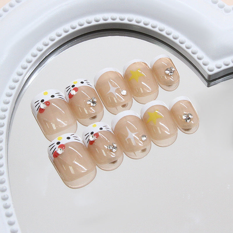 Whimsical Charm Short Square Clear With Cat And Star Accents Press On Nail Set
