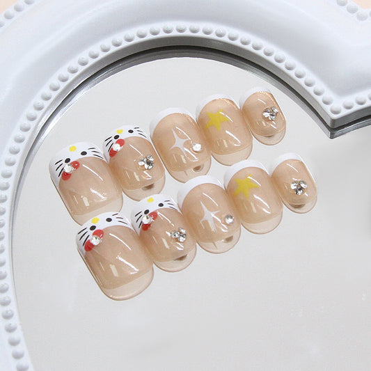 Whimsical Charm Short Square Clear With Cat And Star Accents Press On Nail Set