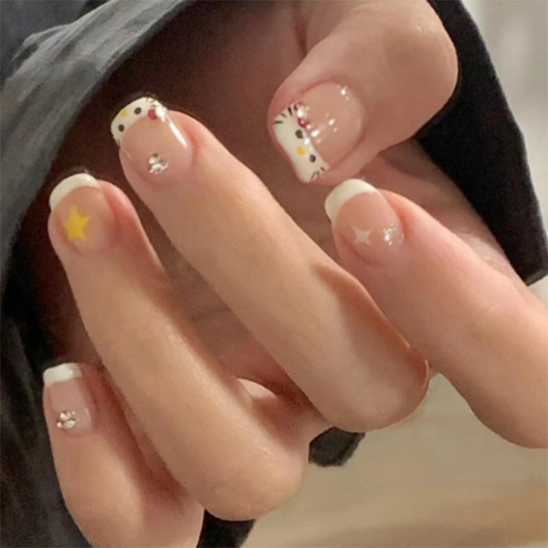 Celestial Dream Floral Short Square Glossy White Press On Nail Set With Glittering Star And Gemstone Accents