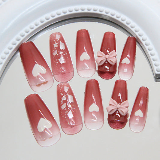 Charming Romance Ombre Long Coffin Blush Press On Nail Set with Heart and Bow Accents