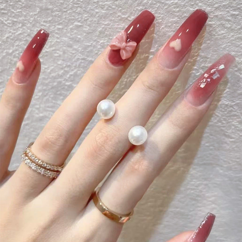 Elegant Floral Fantasy Lengthy Long Coffin Shaped Ombre Pink Press On Nail Set with Charming Bow Detail