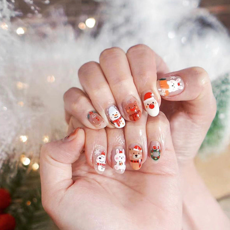 Festive Holiday Charm Medium Oval Multicolor Christmas Character Press On Nail Set with Glitter Accents