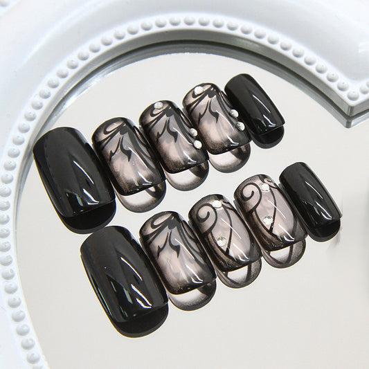 Mystical Noir Medium Square Black and Transparent Design with Rhinestone Accents Press On Nail Set