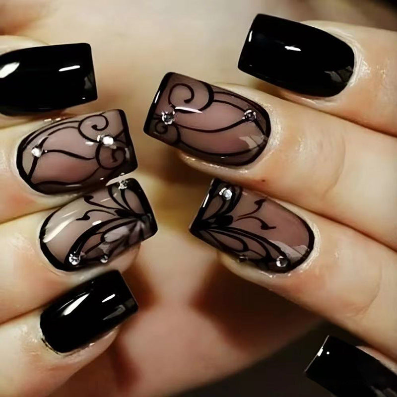 Elegant Night Black Medium Square Press On Nail Set with Unique Artistic Detail
