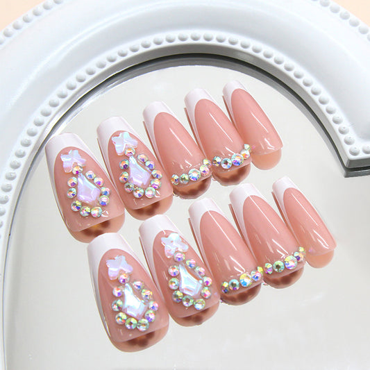 Mermaid Magic Long Coffin Pink Press On Nail Set with Iridescent Gem Accents