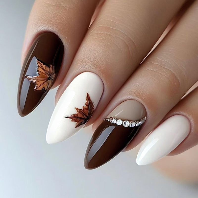 Autumn Elegance Medium Almond Brown and White Press On Nail Set with Leaf Design and Rhinestone Accent