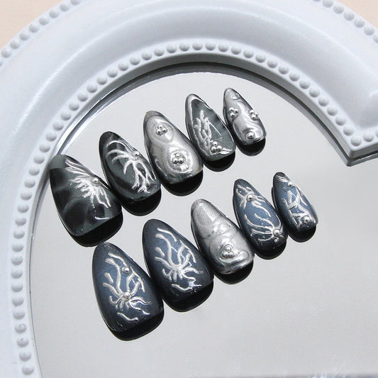 Mystical Elegance Short Almond Black and Silver Metallic Nails with Intricate Artistic Detailing