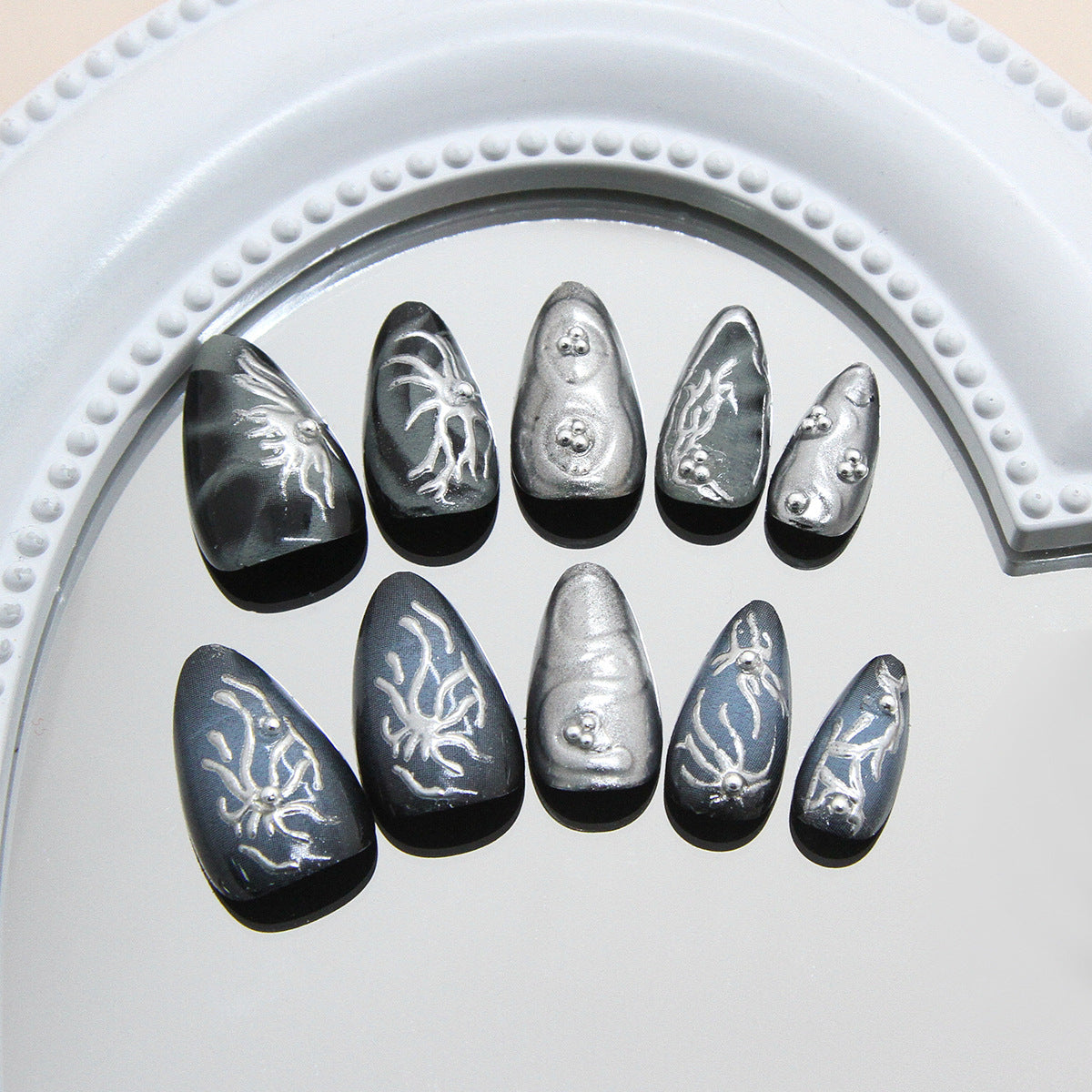Celestial Night Press On Nail Set Short Almond Shape Black and Silver with Intricate Octopus Design