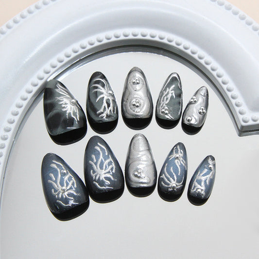 Celestial Night Press On Nail Set Short Almond Shape Black and Silver with Intricate Octopus Design