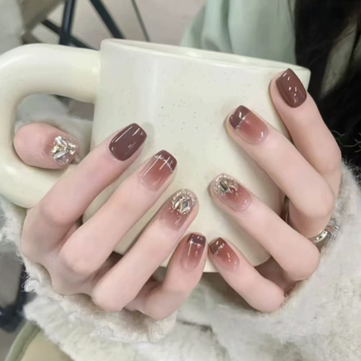 Autumn Elegance Short Square Brown and Ombré with Glitter Accents Press On Nail Set