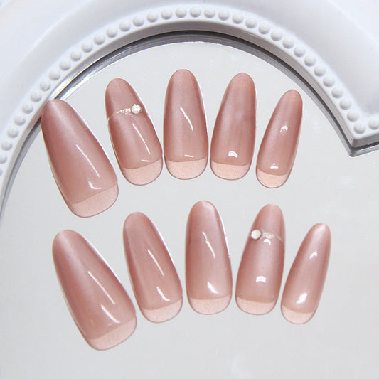 Elegant Romance Long Almond Beige Press On Nail Set with Pearl Accent