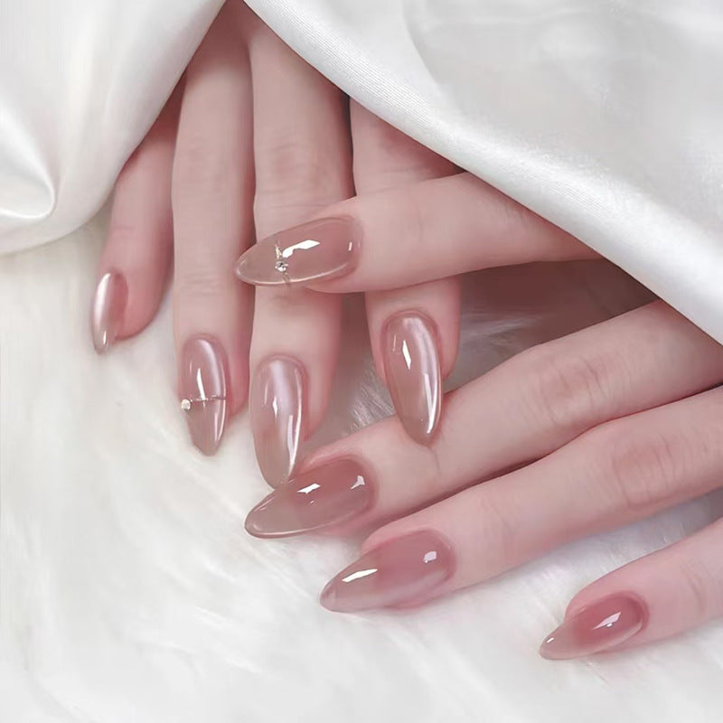 Elegant Whisper Long Almond Shaped Soft Pink with Dazzling Accent Studs Press On Nail Set