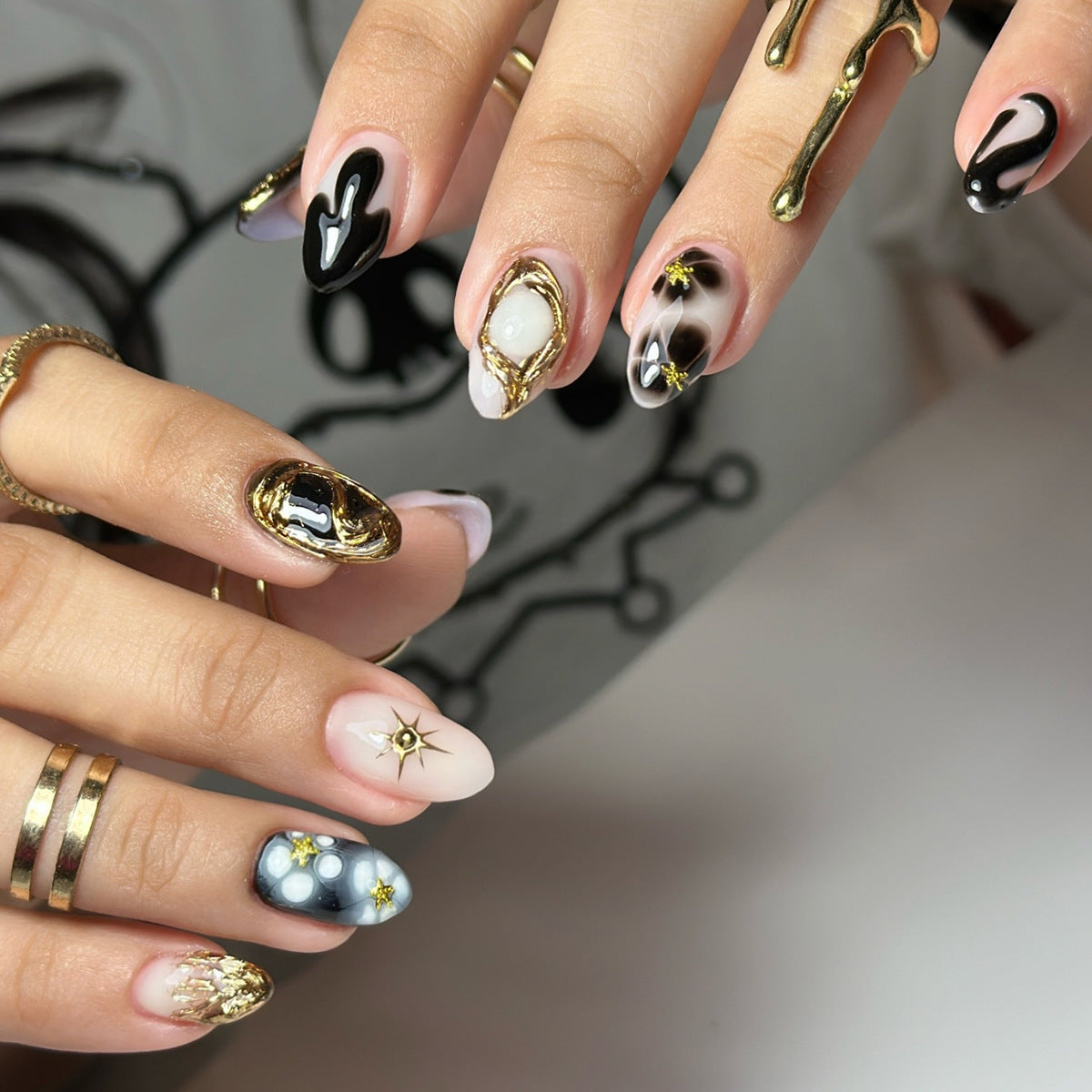 Mystical Elegance Short Almond Black White and Gold Artistry Press On Nail Set