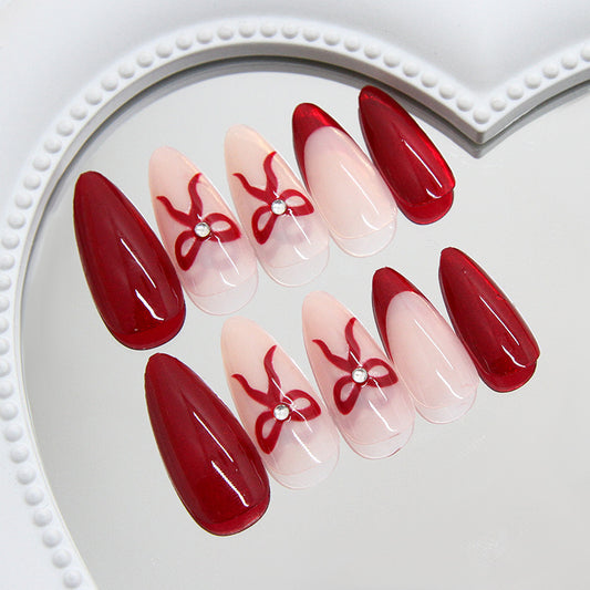 Charming Elegance Medium Almond Red with Elegant Bow and Crystal Detail Press-On Nail Set