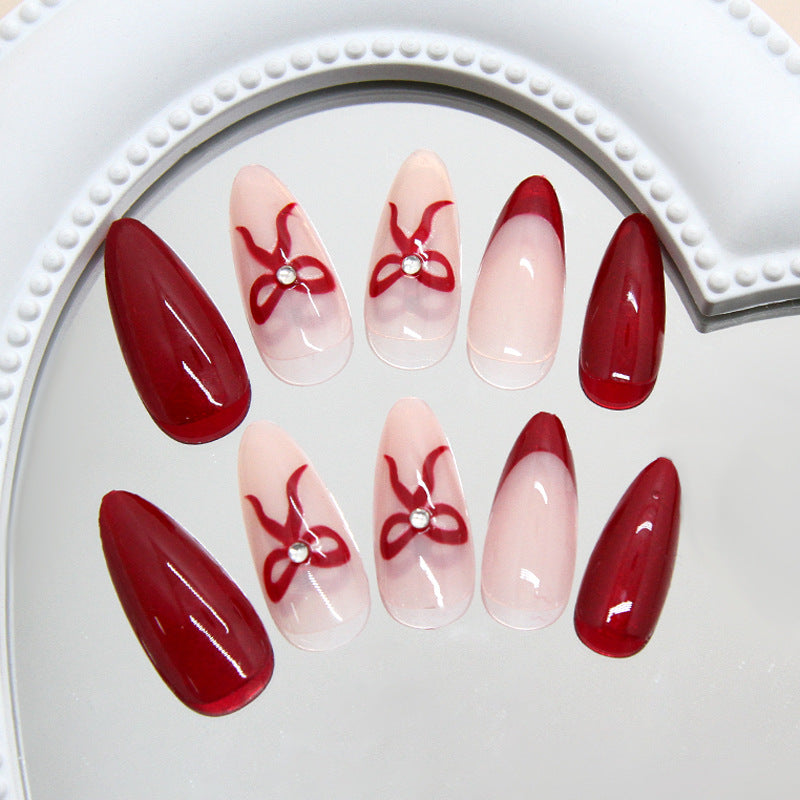 Chic Elegance Press On Nail Set Medium Almond Shape Deep Red with Charming Bow Accent