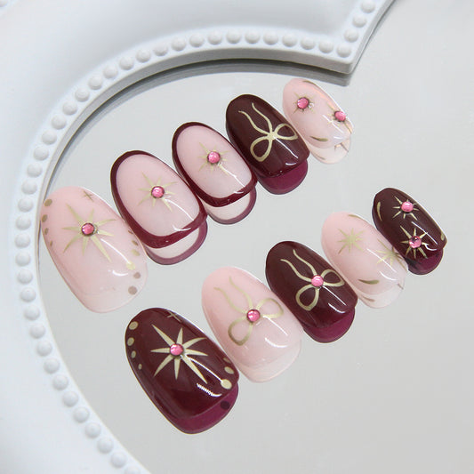 Glamorous Elegance Short Oval Burgundy and Pink Press on Nail Set with Dazzling Gem Accents