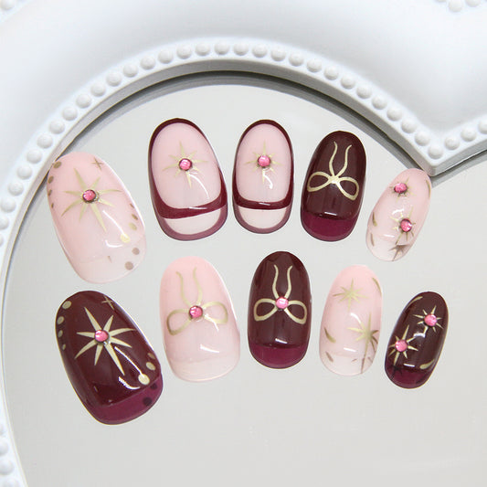 Elegant Gala Short Oval Burgundy and Pink Press On Nail Set with Shimmering Gemstone Accents