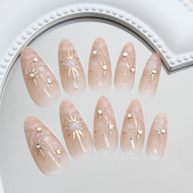 Celestial Dreams Medium Almond Blush Pink Glossy with Sparkling Star Accents Press On Nail Set