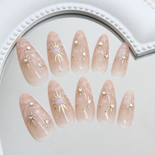 Celestial Dreams Medium Almond Blush Pink Glossy with Sparkling Star Accents Press On Nail Set
