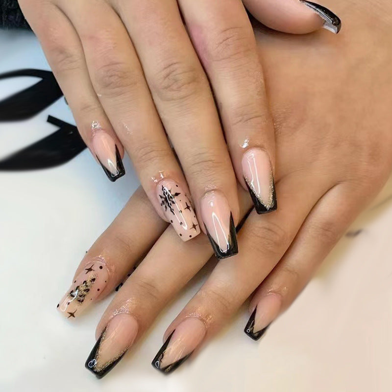 Enchanted Elegance Long Coffin Beige and Black Ombre Press On Nail Set with Accent Art Designs