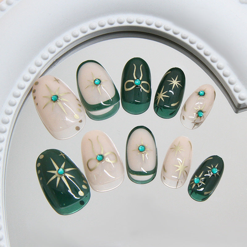 Enchanted Forest Short Almond Green and Beige Press on Nail Set with Sparkling Gem Accents