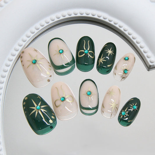 Enchanted Forest Short Almond Green and Beige Press on Nail Set with Sparkling Gem Accents