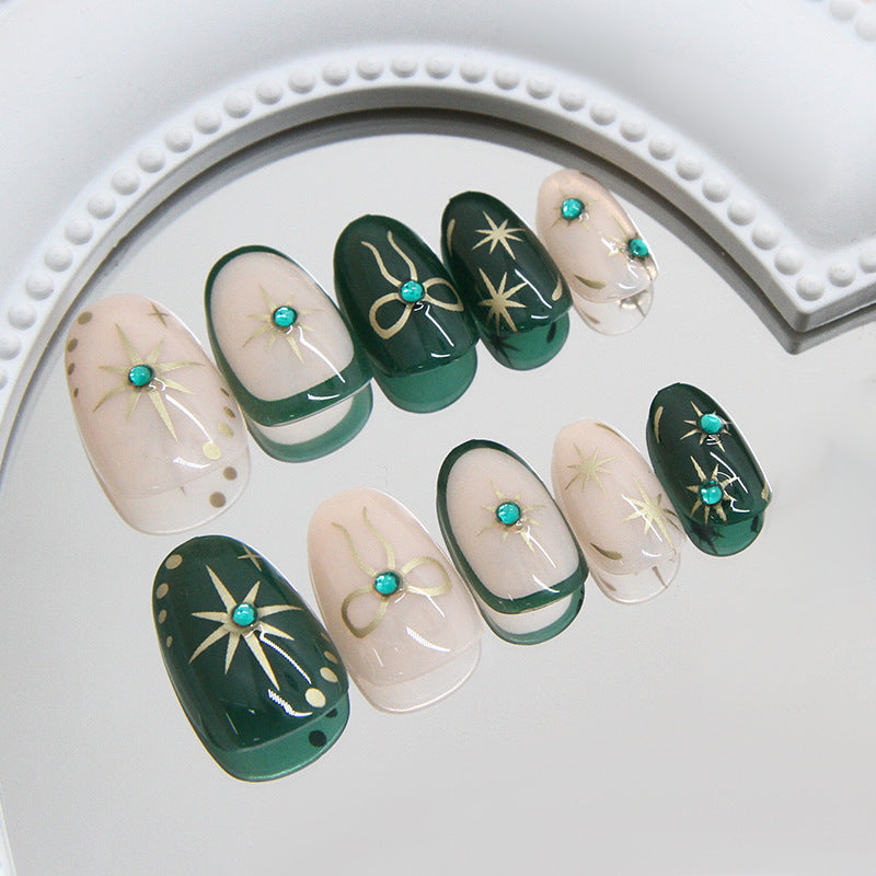 Celestial Elegance Short Almond Green and Beige Press On Nail Set with Dazzling Gem Accents