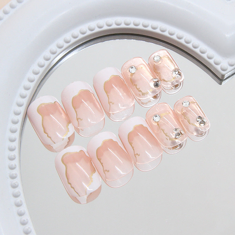 Chic Elegance Short square blush pink press on nail set with shimmering gems and gold accents