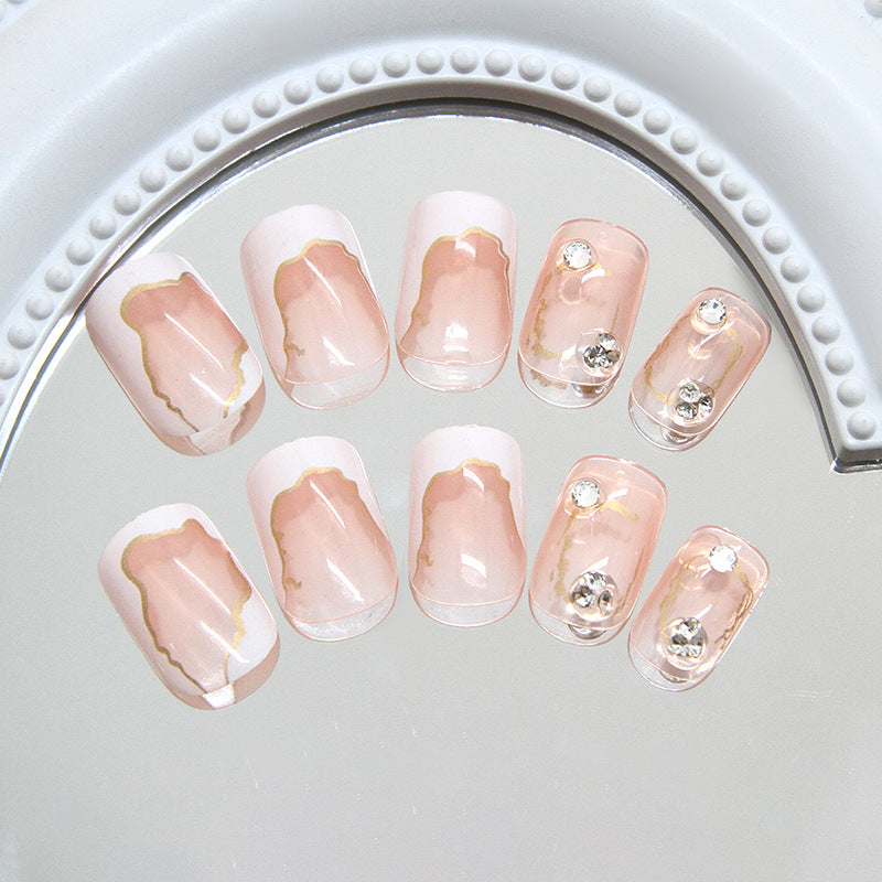 Chic Elegance Short Square Soft Pink Design with Gold Accents and Sparkling Gemstones Press On Nail Set