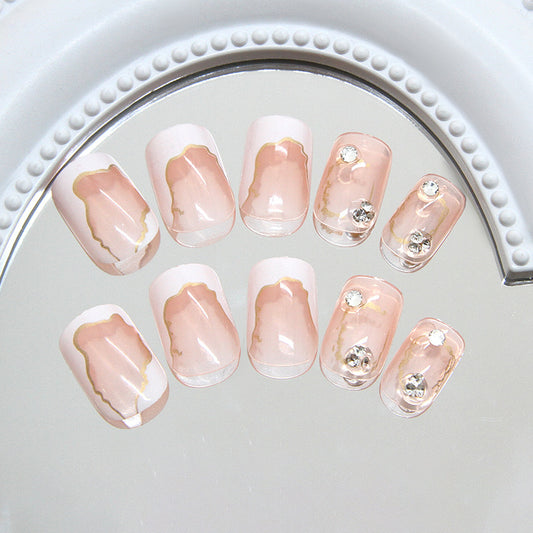 Chic Elegance Short Square Soft Pink Design with Gold Accents and Sparkling Gemstones Press On Nail Set