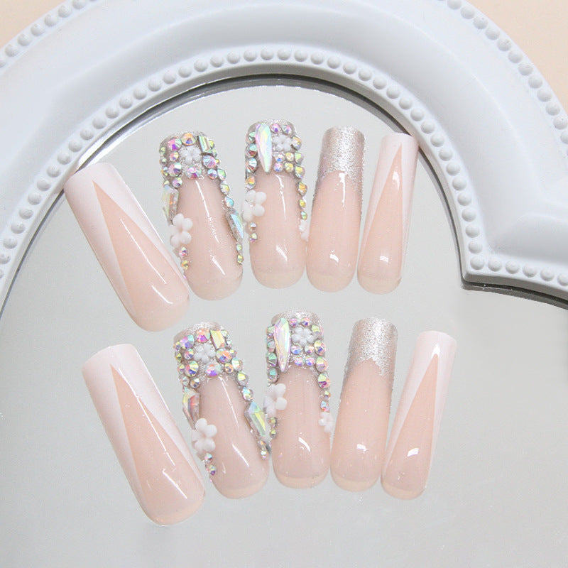 Glimmering Elegance Long Square Soft Pink with Rhinestone Accents Press On Nail Set