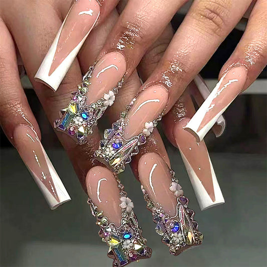 Glamorous Dreamy Square Shape Long Beige and White Press On Nail Set with Sparkling Rhinestones and Floral Accents