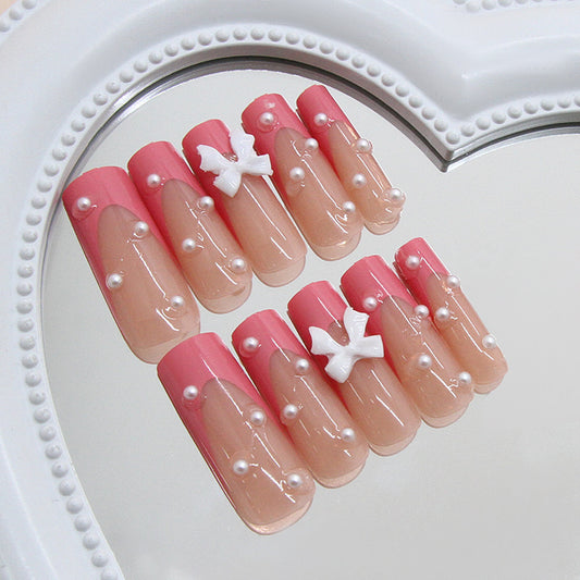 Charming Floral Bliss Long Square Clear Almond Pink Tips with Pearls and Bow Accents Press On Nail Set