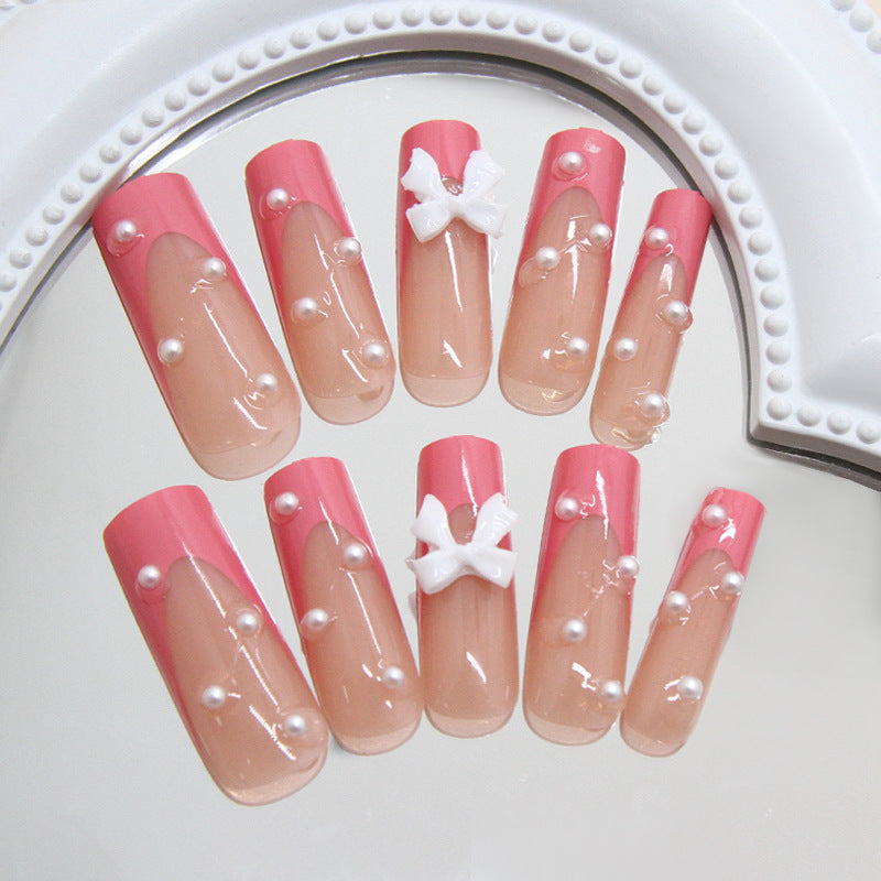 Charming Bowknot Elegance Long Square Pink Press on Nail Set with Pearl Accents