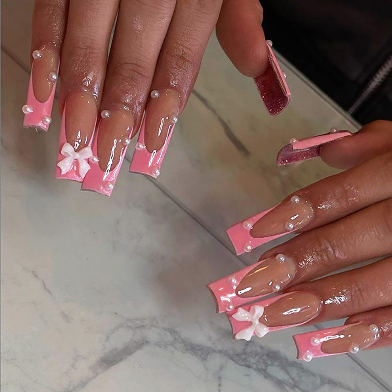 Blossom Dream Extra Long Square Pink Press On Nail Set with Pearl and Bow Accents