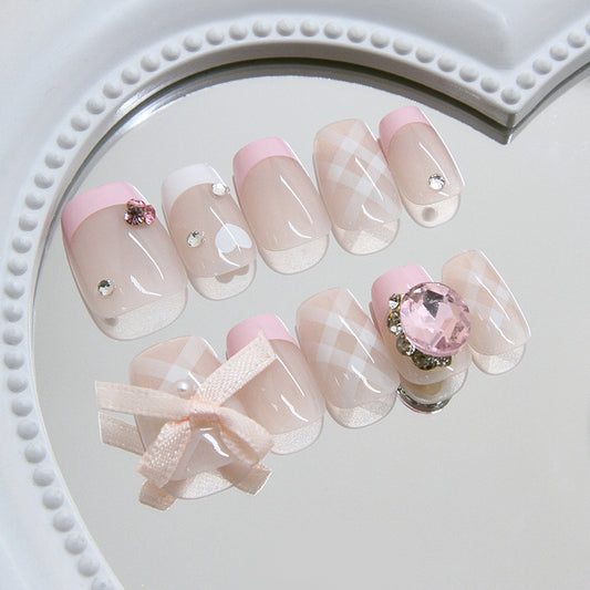 Charming Elegance Short Square Soft Pink with Glamorous Gemstone Accents Press On Nail Set