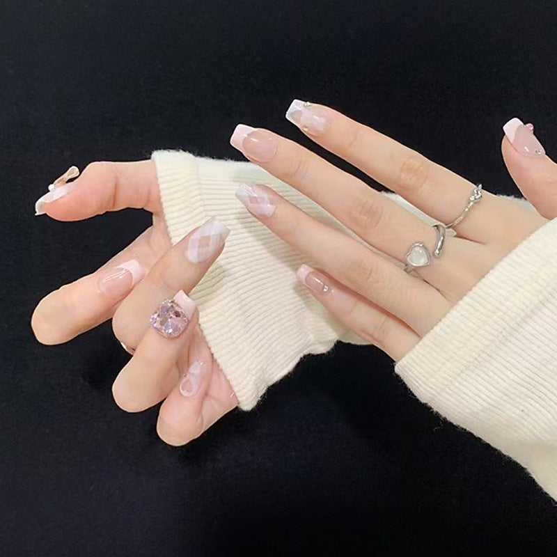 Chic Elegance Medium Square Pink and Clear with Sparkling Gem Accent Press On Nail Set